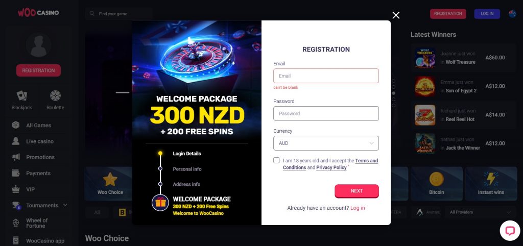 woocasino registration and login